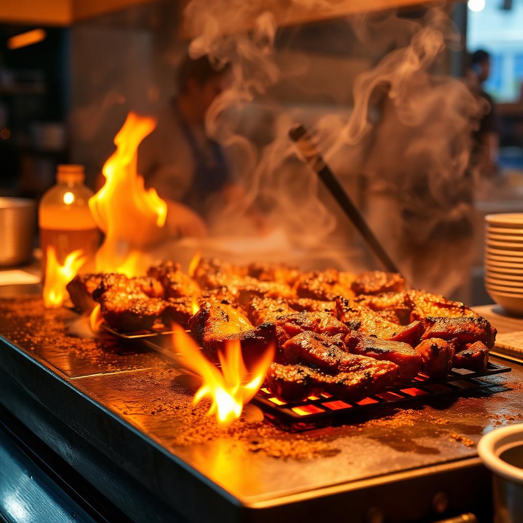 Carne asada cooking on the flat-top grill